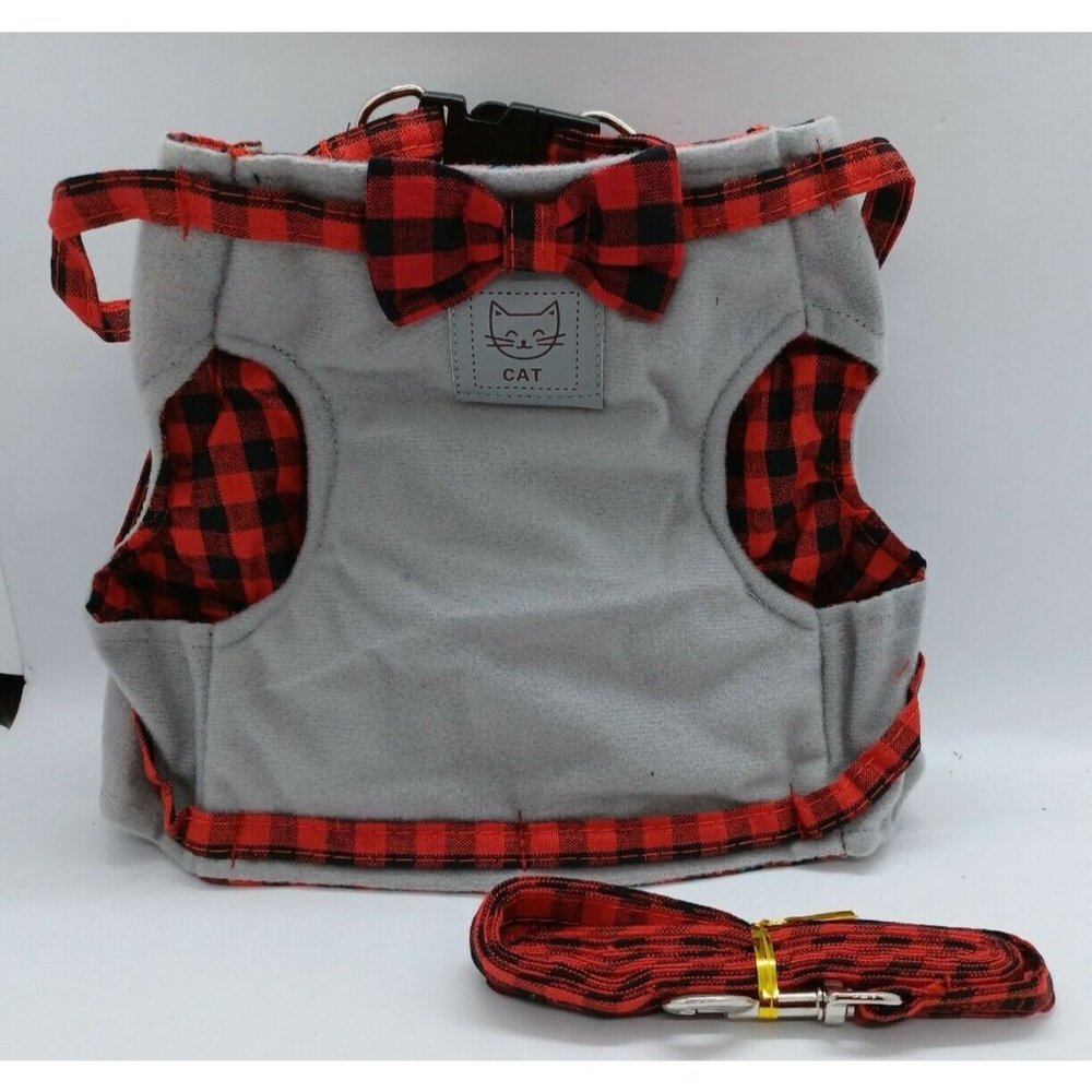 Cat Harness & Leash Walking, Escape-Proof No Choke Vest XL Red Plaid/Gray